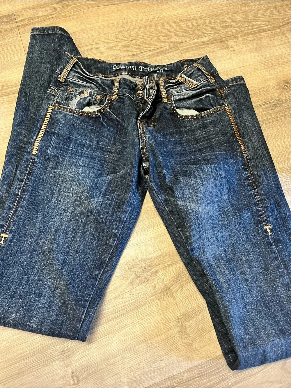 Cowgirl Tuff Dark Blue Boot Cut Jeans with Embellished Pocket